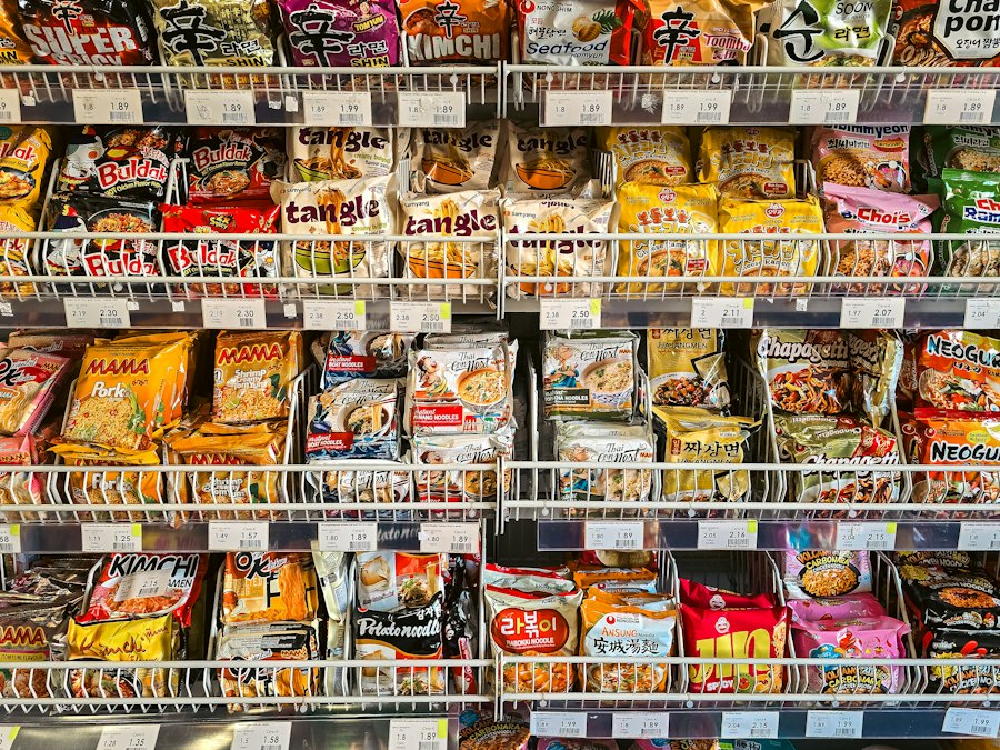 Illustrative Korean and Asian packaged food shelves