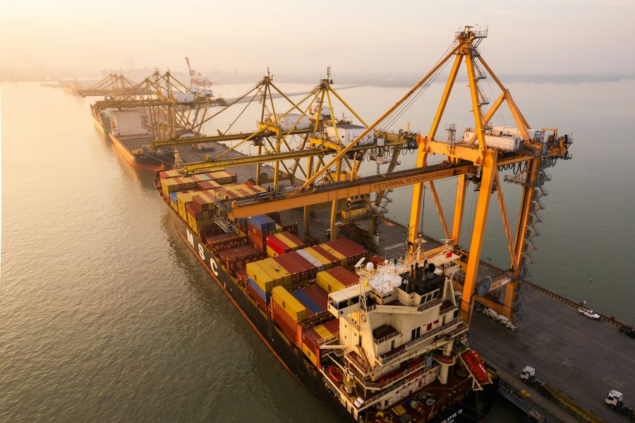 Illustrative international container cargo shipping at port