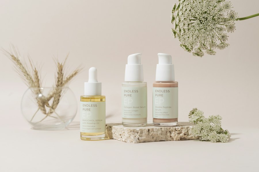 Illustrative beauty products displayed on tray
